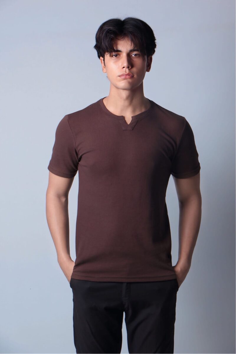 Waffle-Knit V Neck Brown T shirt