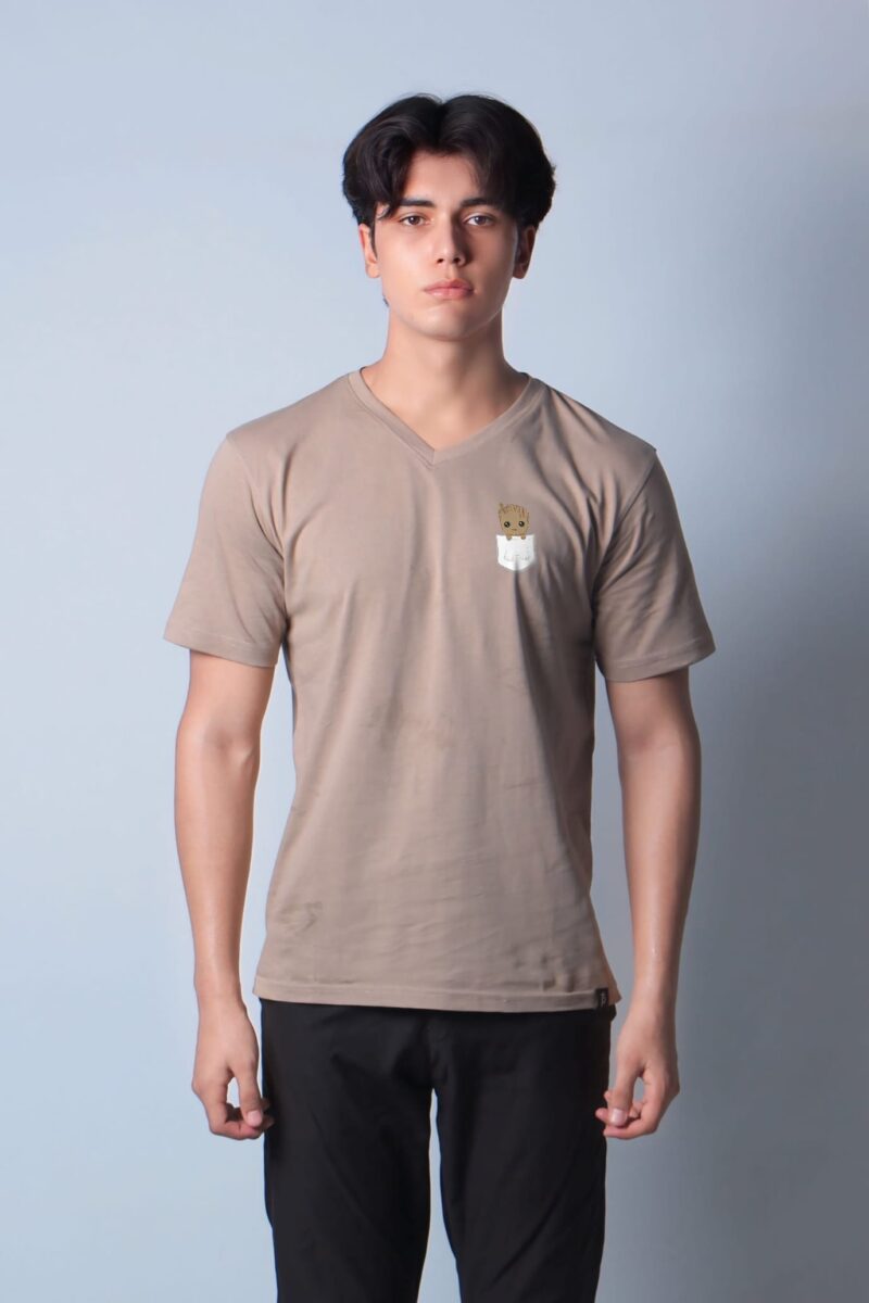 "Pocket Groot" Printed Regular Beige T shirt