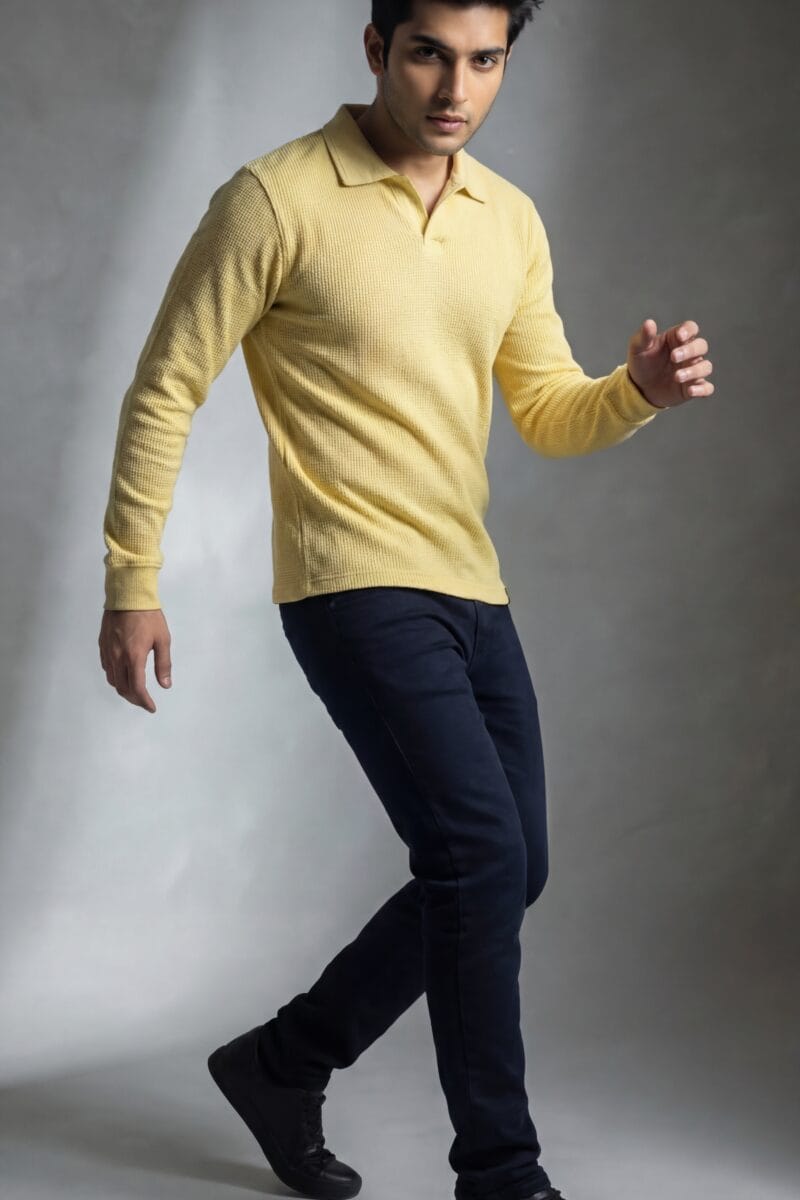Lemon Waffle Knit Polo Shirt | Full Sleeve