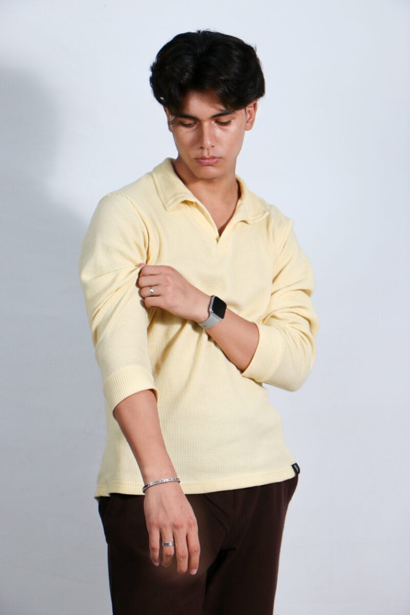 Lemon Waffle Knit Polo Shirt | Full Sleeve