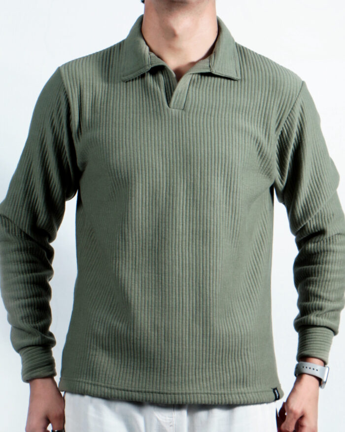 Model standing straight wearing Olive green Ottoman Full Sleeve Polo Shirt