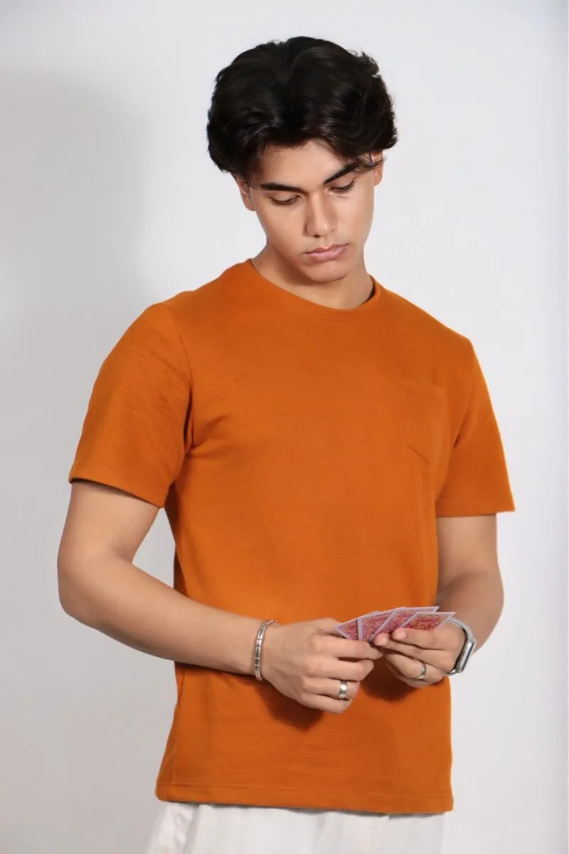 Textured Orange Small Pocket T shirt