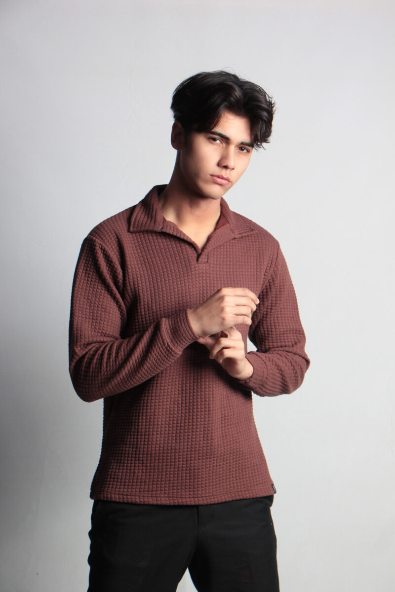 Quilted Brown Full Sleeves Polo
