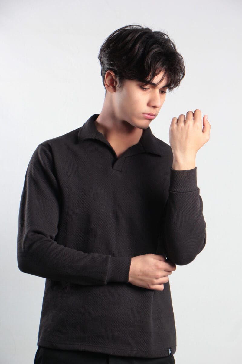 Textured Black Full Sleeves Polo