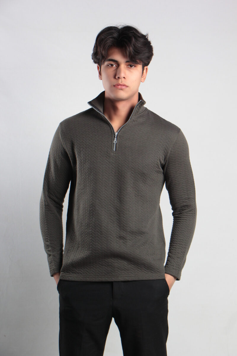 Textured Dark Green Zipper Mock Neck – 1