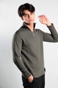 Textured  Green Zipper Mock Neck | Light Weight - M