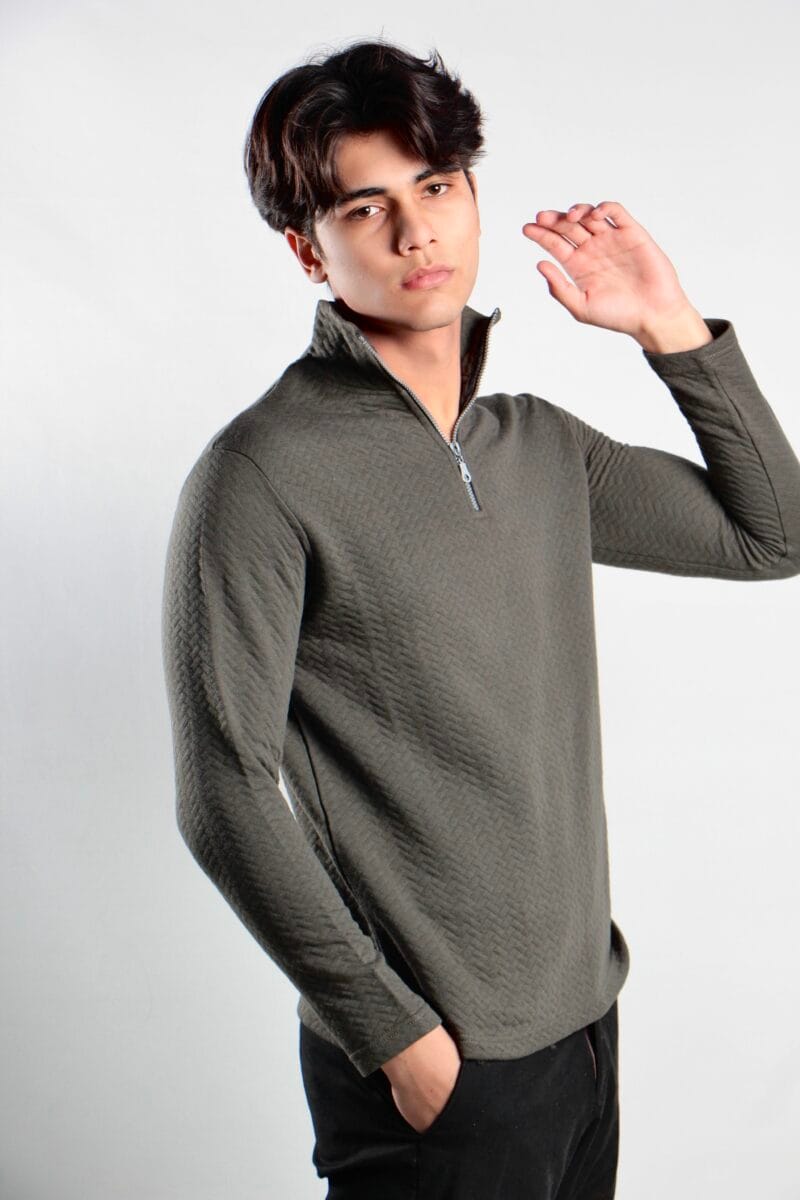 Textured Green Zipper Mock Neck | Light Weight