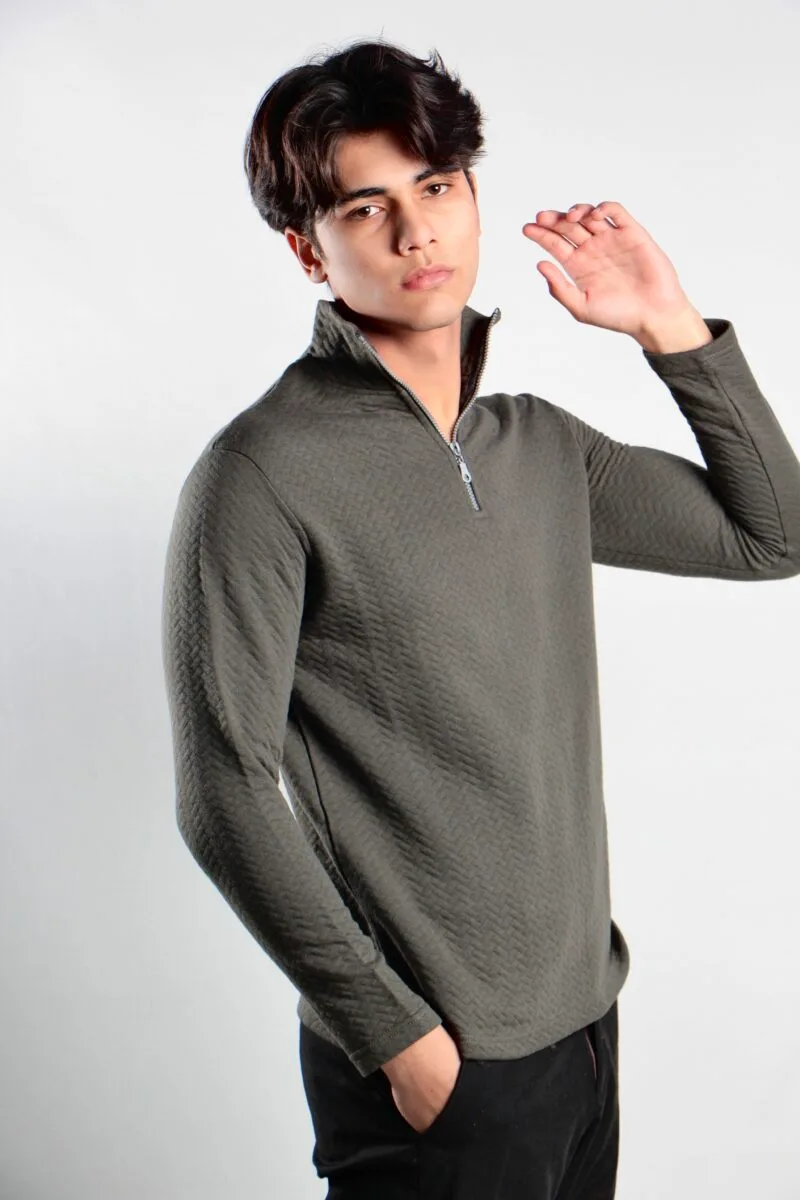 Textured  Green Zipper Mock Neck | Light Weight