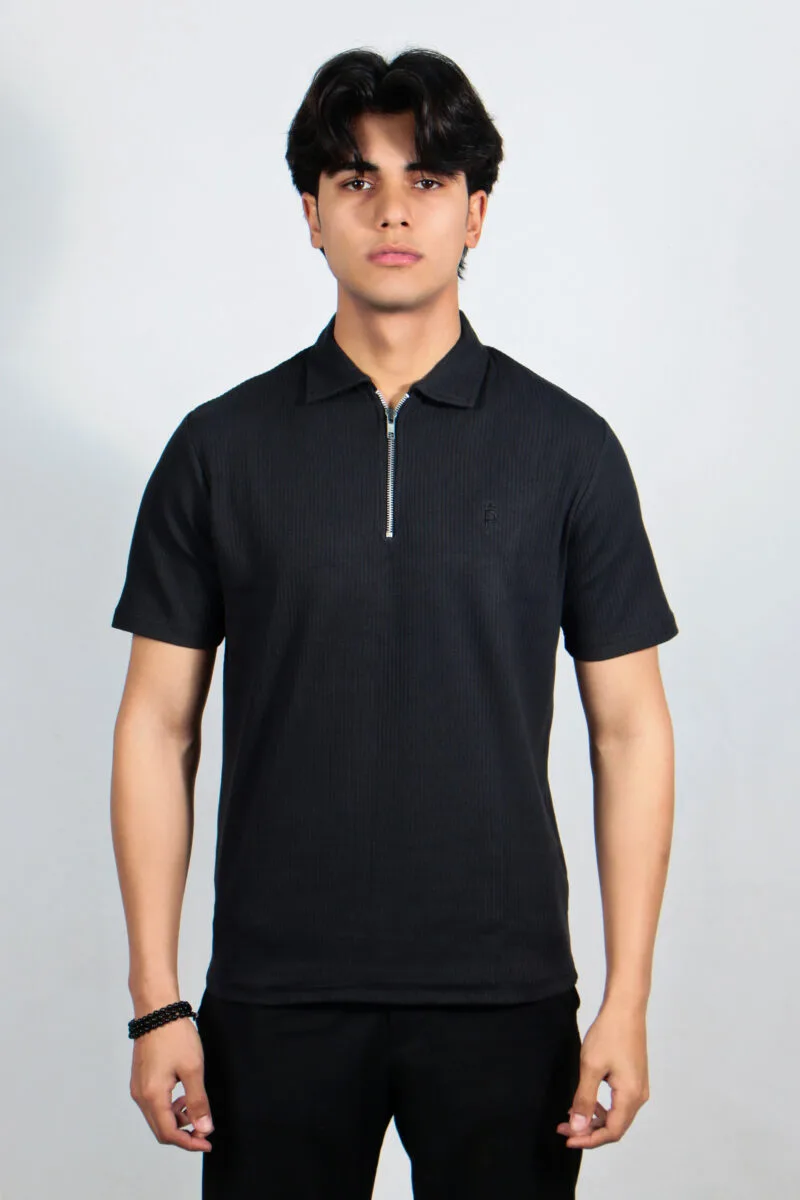 Black Drop Needle Zipper Polo Shirt