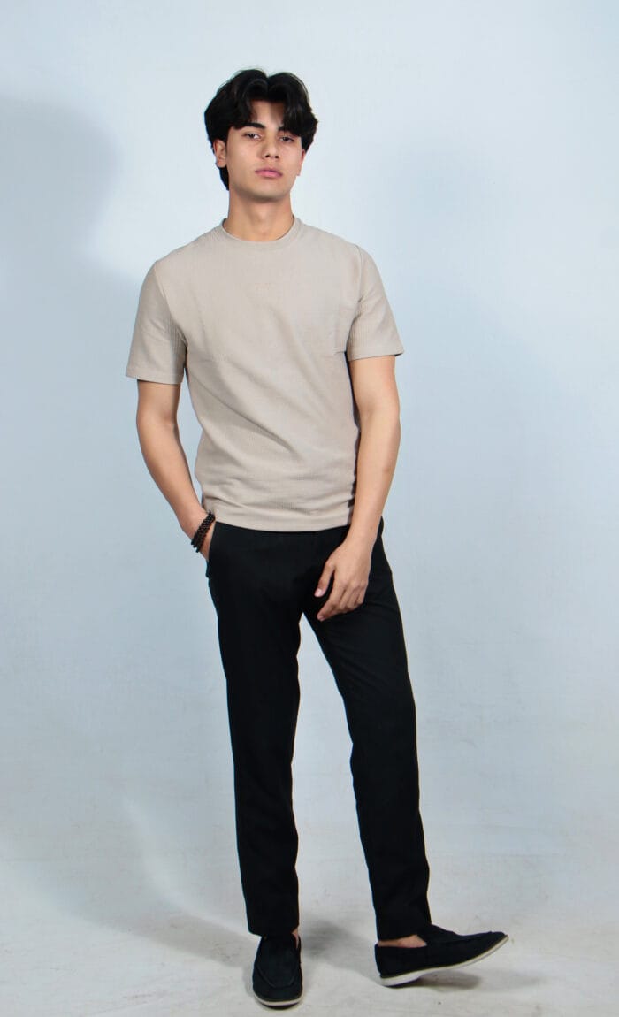 Beige Textured Prestige Round Neck Shirt