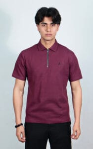 Maroon Drop Needle Zipper Polo Shirt - M