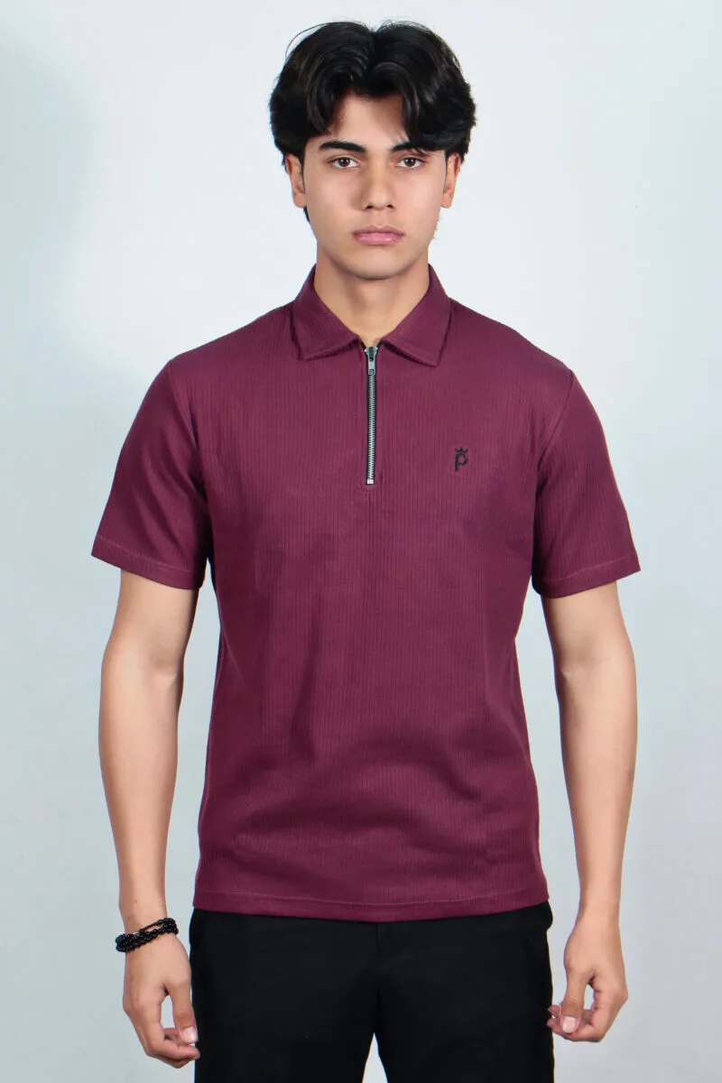 Maroon Drop Needle Zipper Polo Shirt